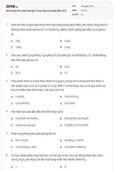 Đề thi Học Kì 2 môn hóa lớp 12 cực hay có lời giải (Đề số 2)