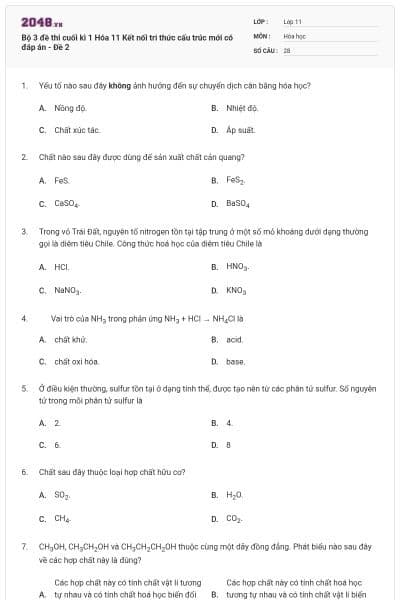 Bộ 3 đề thi cuối kì 1 Hóa 11 Kết nối tri thức cấu trúc mới có đáp án - Đề 2