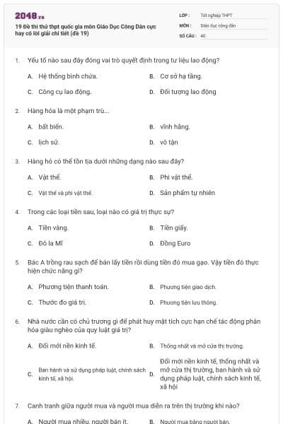 19 Đề thi thử thpt quốc gia môn Giáo Dục Công Dân cực hay có lời giải chi tiết (đề 19)
