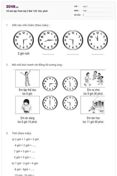Vở bài tập Toán lớp 2 Bài 120: Giờ, phút