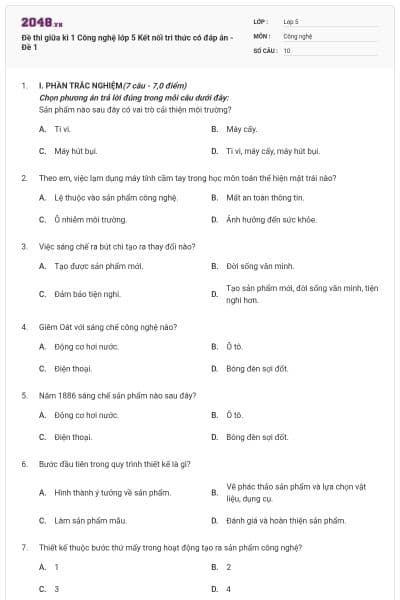 Đề thi giữa kì 1 Công nghệ lớp 5 Kết nối tri thức có đáp án - Đề 1