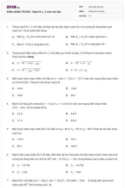 ĐGNL ĐHQG TP.HCM - Mạch R, L, C mắc nối tiếp