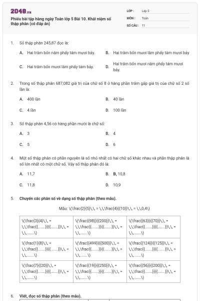 Phiếu bài tập hàng ngày Toán lớp 5 Bài 10. Khái niệm số thập phân (có đáp án)