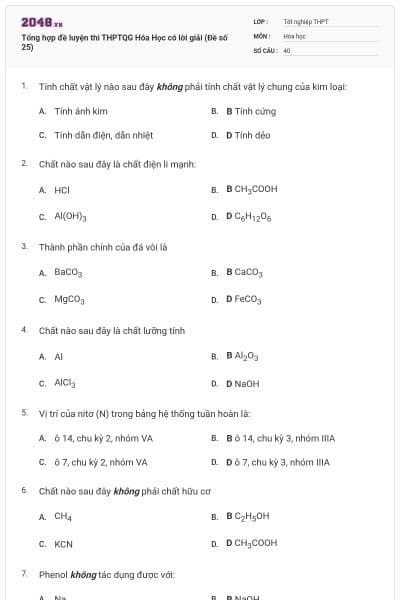 Tổng hợp đề luyện thi THPTQG Hóa Học có lời giải (Đề số 25)