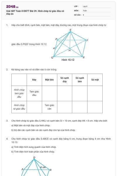 Giải SBT Toán 8 KNTT Bài 39. Hình chóp tứ giác đều có đáp án