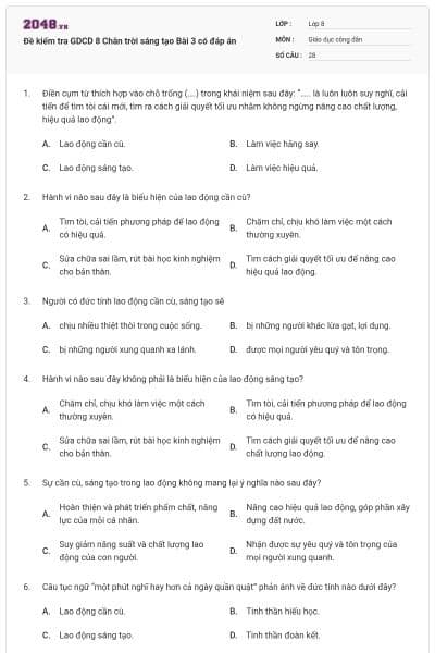 Đề kiểm tra GDCD 8 Chân trời sáng tạo Bài 3 có đáp án