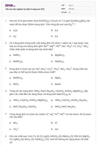 100 câu trắc nghiệm Sự điện li nâng cao (P2)