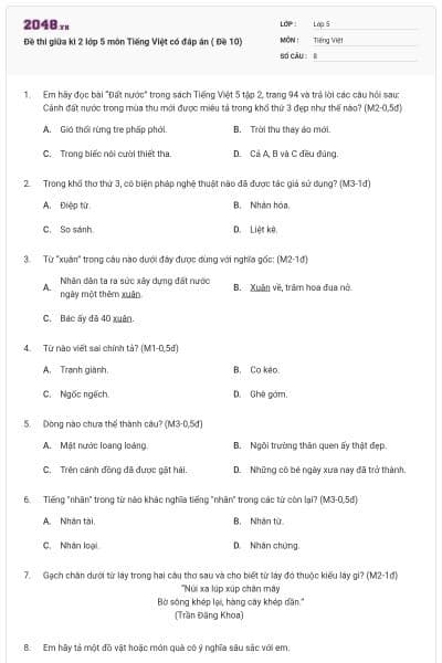 Đề thi giữa kì 2 lớp 5 môn Tiếng Việt có đáp án ( Đề 10)
