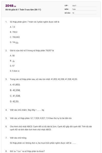 Đề thi giữa kì 1 Toán 5 sưu tầm (Đề 11)