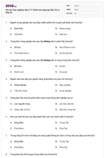 69 câu Trắc nghiệm Địa lí 11 Chân trời sáng tạo Bài 18 có đáp án