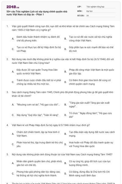 50+ câu Trắc nghiệm Lịch sử xây dựng chính quyền nhà nước Việt Nam có đáp án - Phần 1