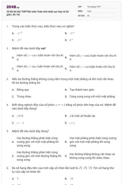20 Đề thi thử THPTQG môn Toán mới nhất cực hay có lời giải ( đề 16)