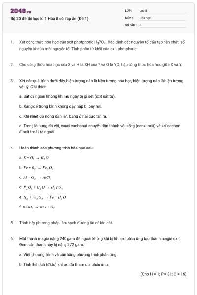 Bộ 20 đề thi học kì 1 Hóa 8 có đáp án (Đề 1)