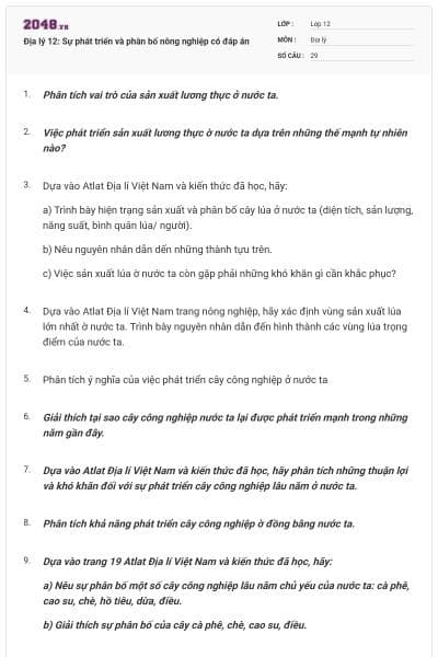 Địa lý 12: Sự phát triển và phân bố nông nghiệp có đáp án
