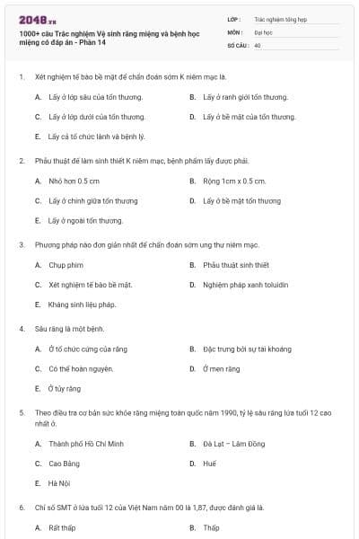 1000+ câu Trắc nghiệm Vệ sinh răng miệng và bệnh học miệng có đáp án - Phần 14