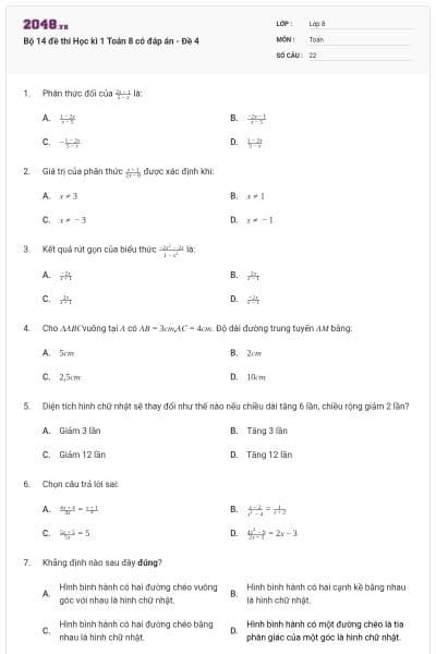 Bộ 14 đề thi Học kì 1 Toán 8 có đáp án - Đề 4