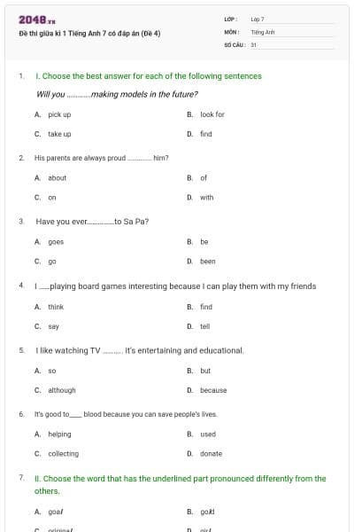 Đề thi giữa kì 1 Tiếng Anh 7 có đáp án (Đề 4)