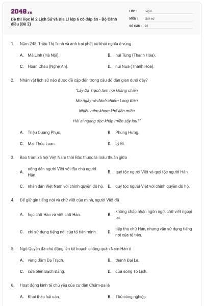 Đề thi Học kì 2 Lịch Sử và Địa Lí lớp 6 có đáp án - Bộ Cánh diều (Đề 2)