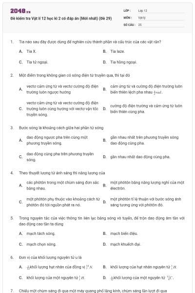Đề kiểm tra Vật lí 12 học kì 2 có đáp án (Mới nhất) (Đề 29)