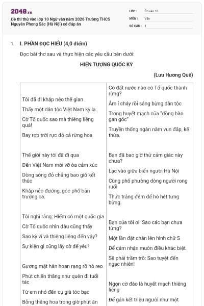 Đề thi thử vào lớp 10 Ngữ văn năm 2026 Trường THCS Nguyễn Phong Sắc (Hà Nội) có đáp án