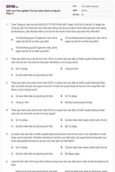 300+ câu Trắc nghiệm Thủ tục hành chính có đáp án - Phần 5