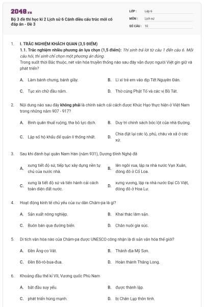 Bộ 3 đề thi học kì 2 Lịch sử 6 Cánh diều cấu trúc mới có đáp án - Đề 3