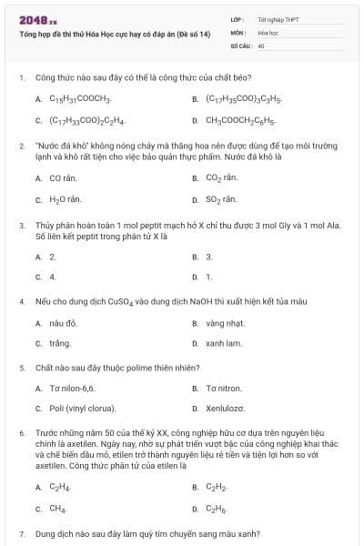 Tổng hợp đề thi thử Hóa Học cực hay có đáp án (Đề số 14)
