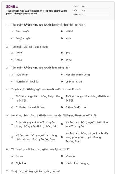 Trắc nghiệm Ngữ Văn 9 (có đáp án): Tìm hiểu chung về tác phẩm “Những ngôi sao xa xôi”