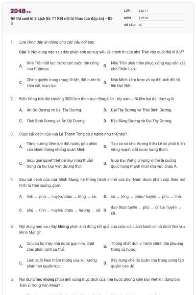 Đề thi cuối kì 2 Lịch Sử 11 Kết nối tri thức (có đáp án) - Đề 3