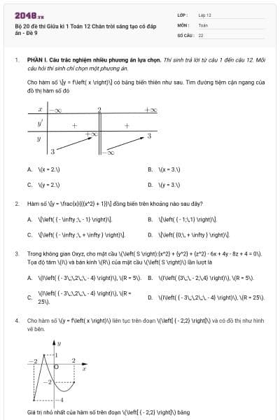 Bộ 20 đề thi Giữa kì 1 Toán 12 Chân trời sáng tạo có đáp án - Đề 9