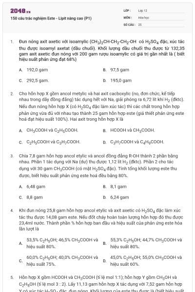 150 câu trắc nghiệm Este - Lipit nâng cao (P1)