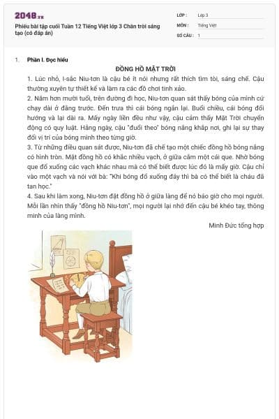 Phiếu bài tập cuối Tuần 12 Tiếng Việt lớp 3 Chân trời sáng tạo (có đáp án)