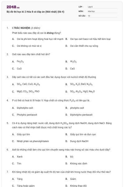 Bộ đề thi học kì 2 Hóa 8 có đáp án (Mới nhất) (Đề 4)