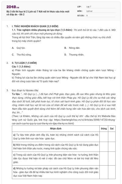 Bộ 3 đề thi học kì 2 Lịch sử 7 Kết nối tri thức cấu trúc mới có đáp án - Đề 2