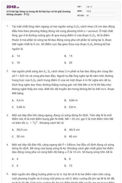 615 bài tập Sóng cơ trong đề thi Đại học có lời giải (trường không chuyên - P12)