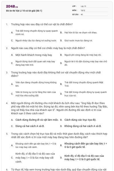 Đề ôn thi Vật Lí 10 có lời giải (Đề 1)