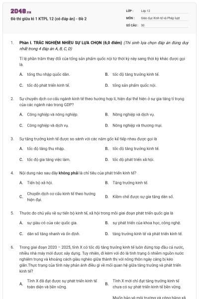 Đề thi giữa kì 1 KTPL 12 (có đáp án) - Đề 2