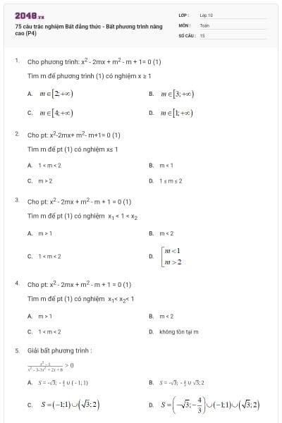 75 câu trắc nghiệm Bất đẳng thức - Bất phương trình nâng cao (P4)