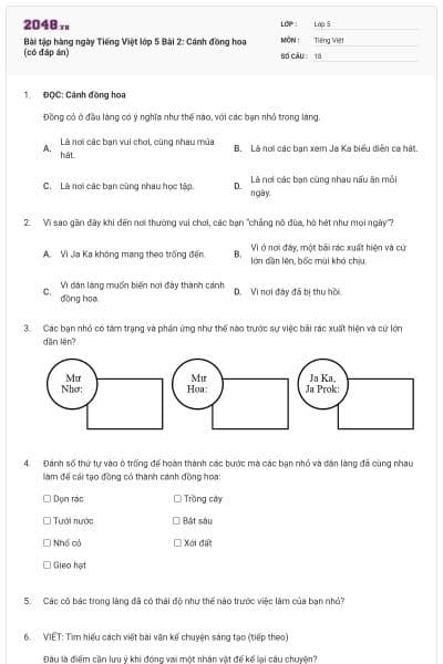Bài tập hàng ngày Tiếng Việt lớp 5 Bài 2: Cánh đồng hoa (có đáp án)