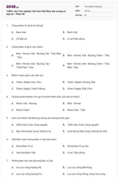 1000+ câu Trắc nghiệm Văn hóa Việt Nam đại cương có đáp án - Phần 48