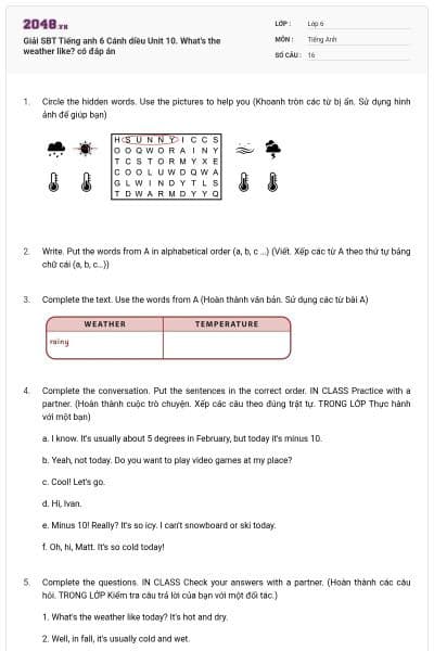 Giải SBT Tiếng anh 6 Cánh diều Unit 10. What’s the weather like? có đáp án