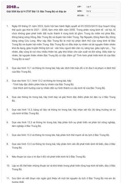 Giải SGK Địa lý 9 CTST Bài 13: Bắc Trung Bộ có đáp án