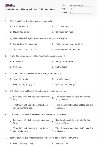 1800+ câu trắc nghiệm Ký sinh trùng có đáp án - Phần 61