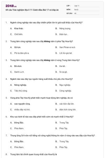 69 câu Trắc nghiệm Địa lí 11 Cánh diều Bài 17 có đáp án