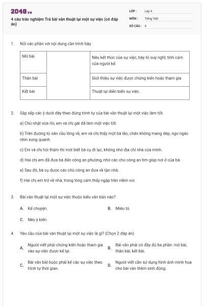 4 câu trắc nghiệm Trả bài văn thuật lại một sự việc (có đáp án)