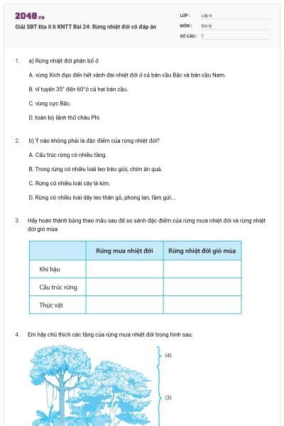 Giải SBT Địa lí 6 KNTT Bài 24: Rừng nhiệt đới có đáp án