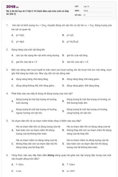 Bộ 3 đề thi học kì 2 Vật lí 10 Cánh diều cấu trúc mới có đáp án (Đề 2)