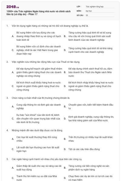 1000+ câu Trắc nghiệm Ngân hàng nhà nước và chính sách tiền tệ (có đáp án) - Phần 17