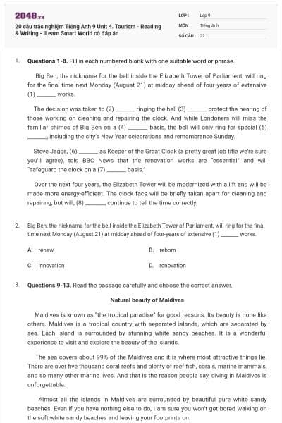 20 câu trắc nghiệm Tiếng Anh 9 Unit 4. Tourism - Reading & Writing - iLearn Smart World có đáp án