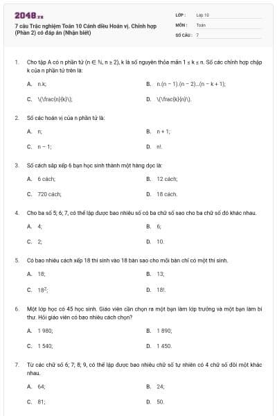 7 câu Trắc nghiệm Toán 10 Cánh diều Hoán vị. Chỉnh hợp (Phần 2) có đáp án (Nhận biết)